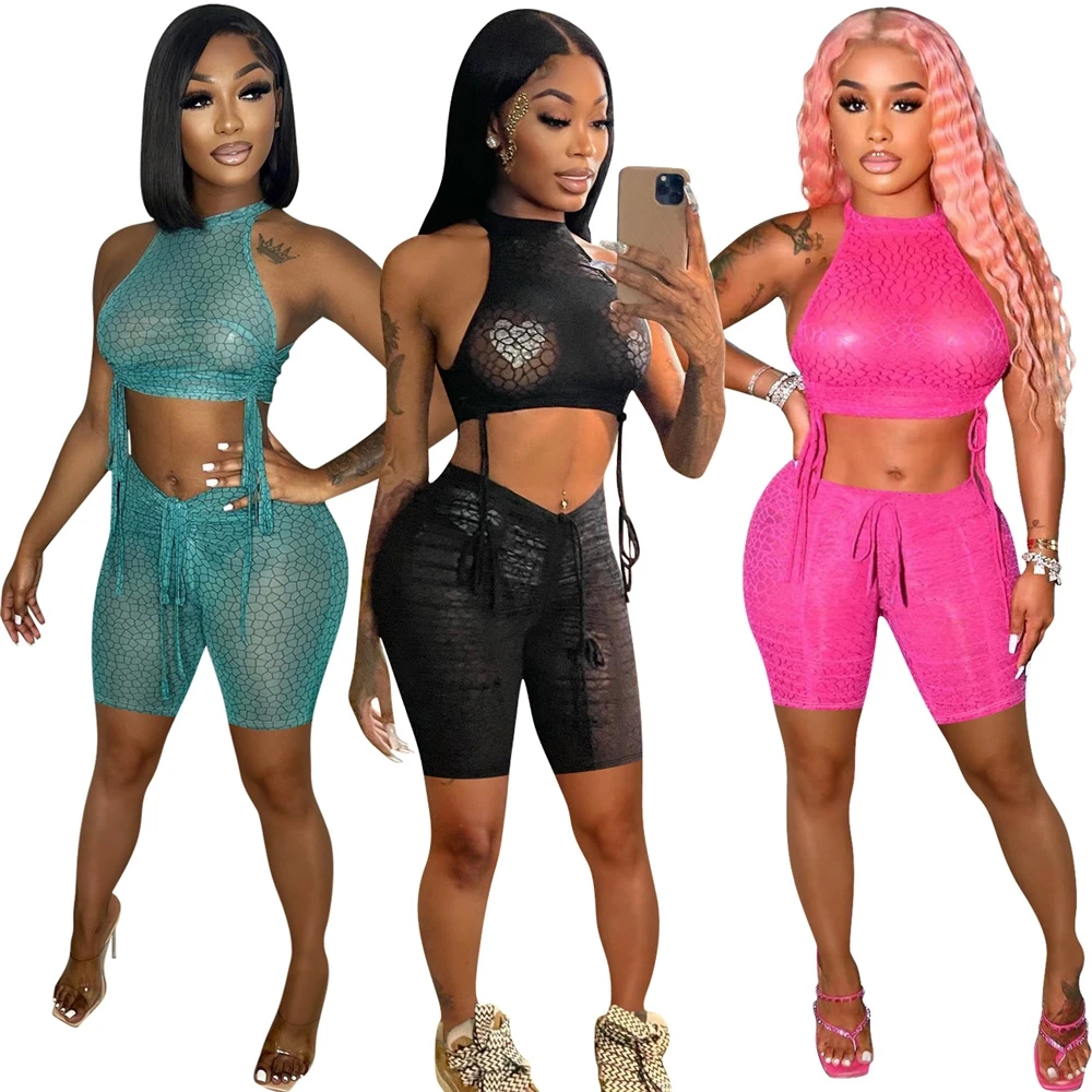 MD-2Sexy наряды женское Клубное платье одинаковые комплекты кроп-топы с бретельками и байкерские шорты Прозрачная сетка для женщин комплект из двух предметов