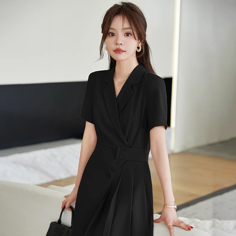 Summer short sleeved Elegant Women High Quality Button Dress with Pocket Blazer Dress