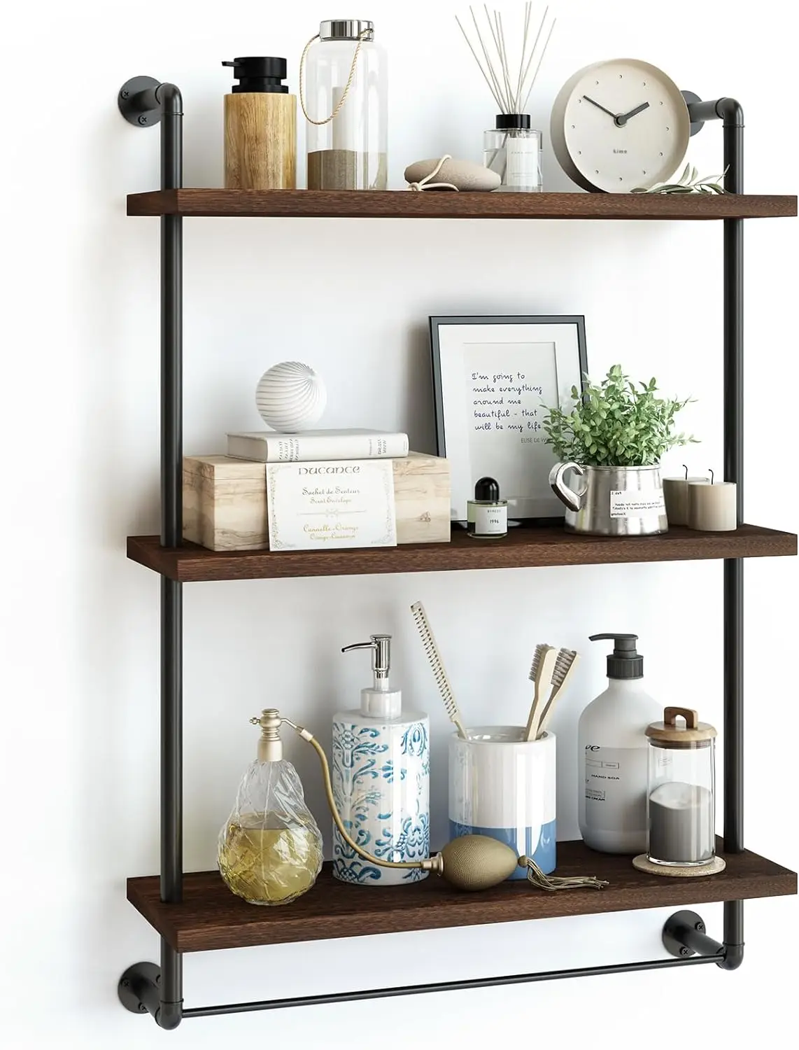 Fixwal 24in Over The Toilet Storage 3 Tier Bathroom Shelves Wall Mounted,Rustic Wood Industrial Pipe Shelf(Dark Carbonized Black