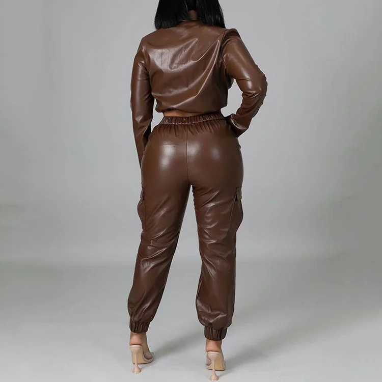 Women Fashion Pu Leather Jacket Set Long Sleeve Jacket Tops &Jogger Pants Two Piece Outfits Set