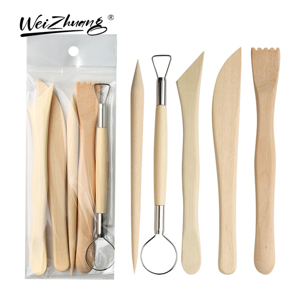 A Set Of 5pcs Wooden Pottery Tool Kit Ceramic Pottery & Clay Wood Modeling Tools Kit Polymer Clay Carving Tools Accessories