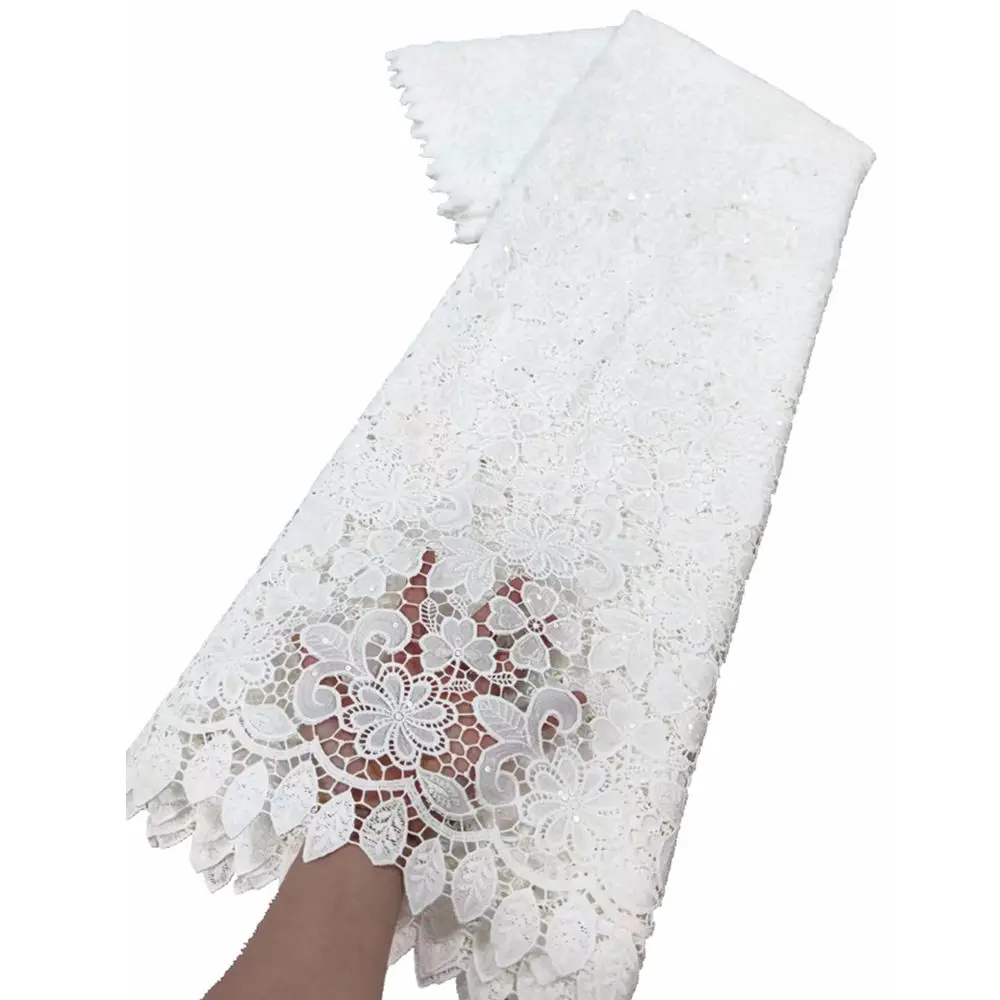 High Quality Soft White African Embroidered Lace Fashionable WaterSoluble Milk Silk Cord Lace Fabric For Party Aso Ebi Dress