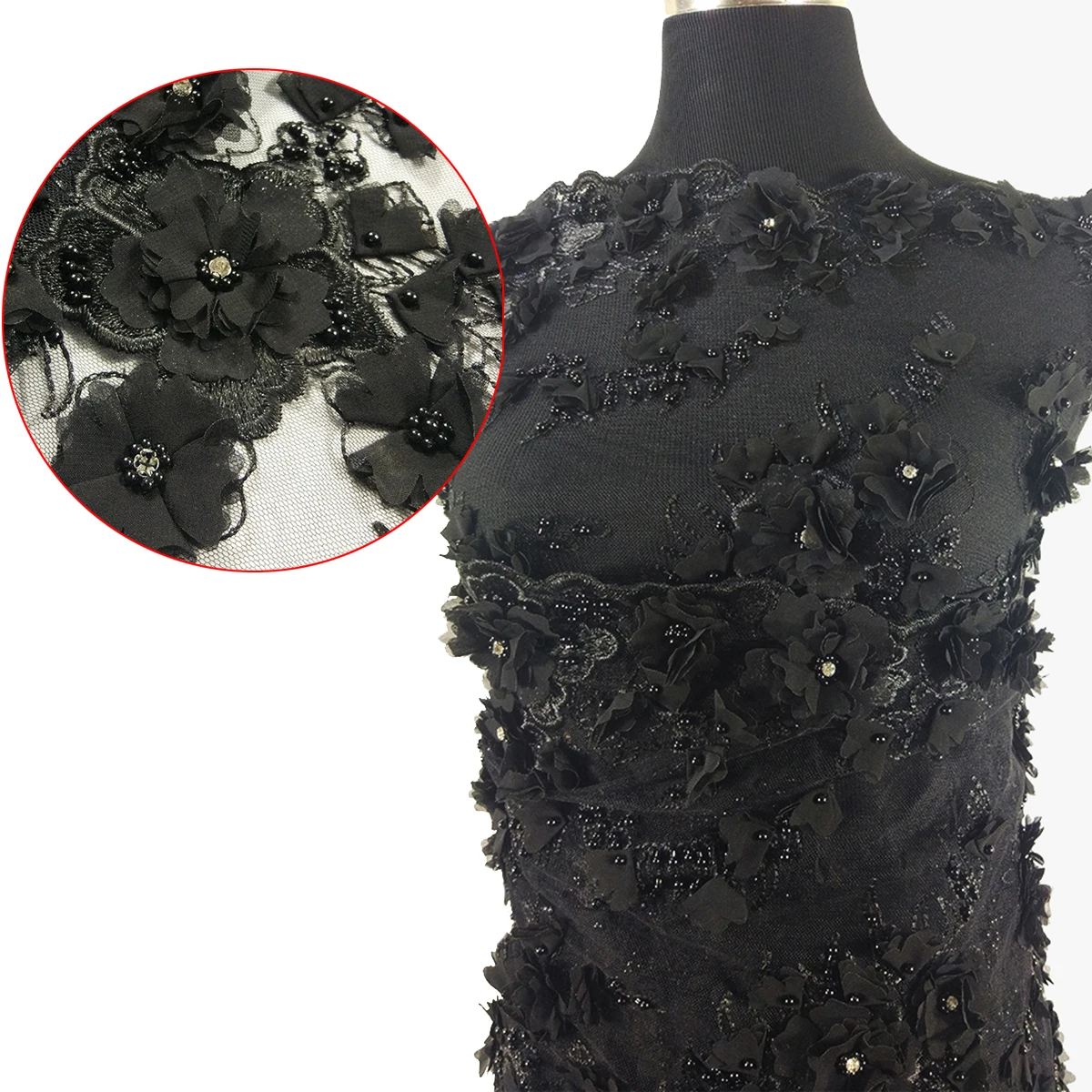 Оптовая продажа, черная Роскошная вышитая вручную тюль со стразами, 3D цветы, Белая французская кружевная ткань, материал для свадебных платьев с бисером