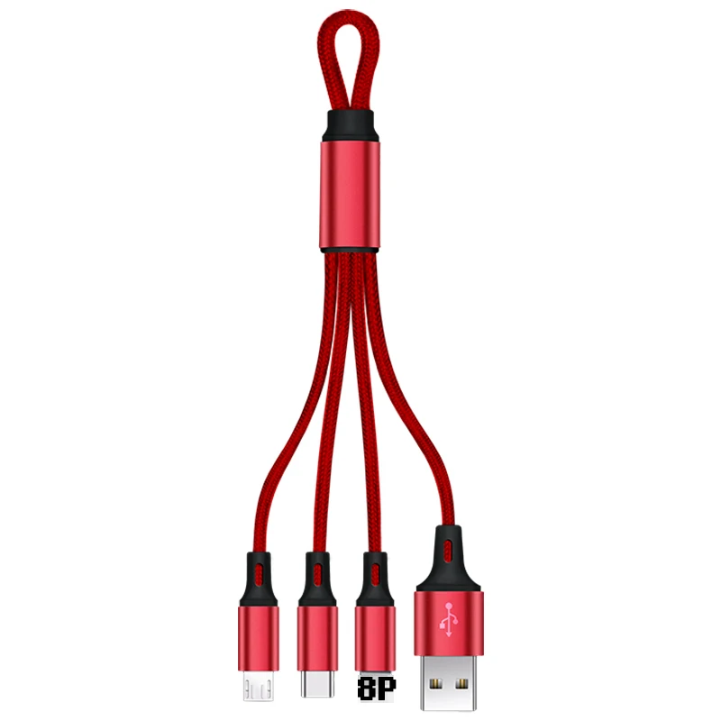 Commonly phone accessories 18 cm 3 in 1 Nylon Braided Multi USB Cable Fast Charging usb charger cable for most smart phone