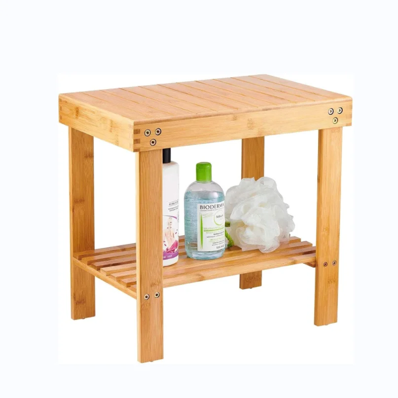 Bamboo Bench Wood Seat Foot Stool Rest Shaving Stool with Non-Slip Feets Storage Rack for Shampoo Towel