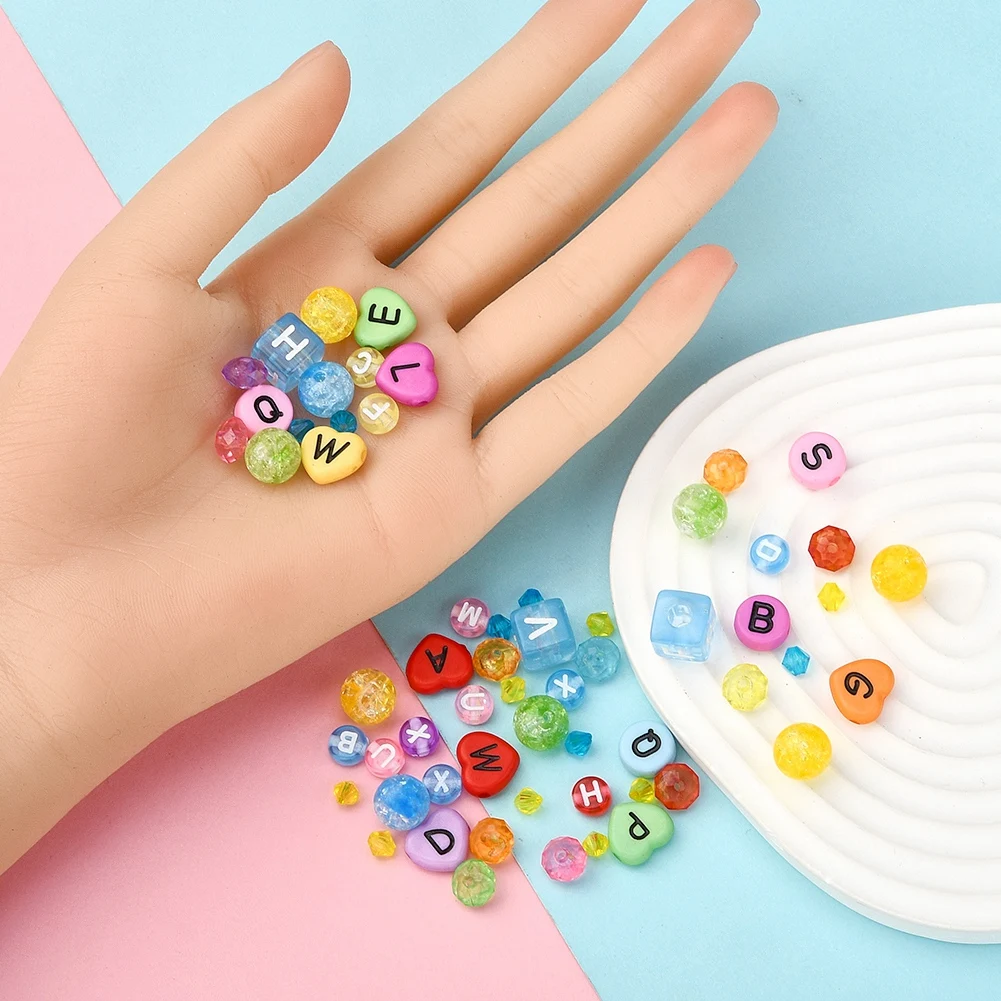 Pandahall Horizontal Hole Mixed Letters Elastic Crystal Thread Transparent & Opaque Acrylic Beads