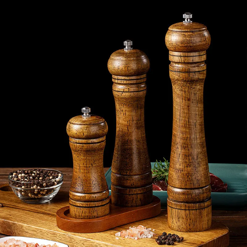 Kitchen tools 5/8/10 inch manual seasoning jar grinding bottle ceramic core oak wooden mill salt pepper grinder set