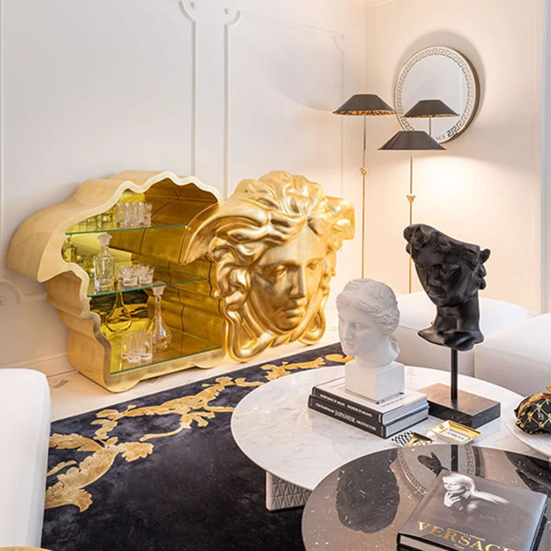 Luxury Living Room Furniture Gold Medusa Snake-headed Goddess Wine Cabinet