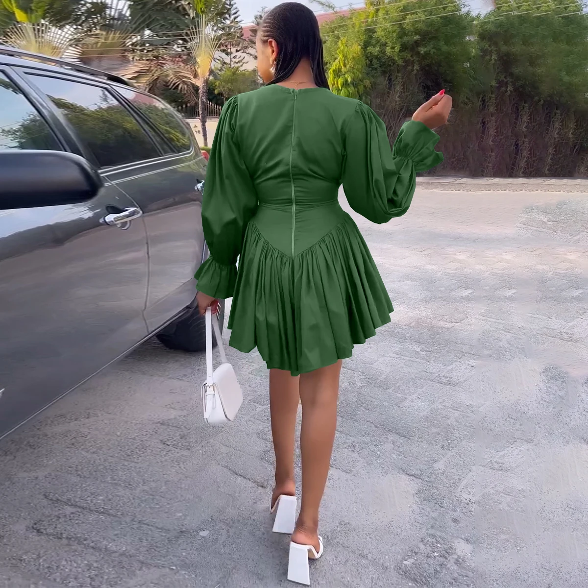Boutique Spring Women Short Dresses Long Puff Sleeve V Neck Pleated Streetwear Clothes For Ladies Sexy Mini Dress