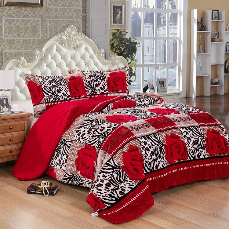2021 3 set  Plant or flower print flannel fabric Double faced coral velvet bedding set