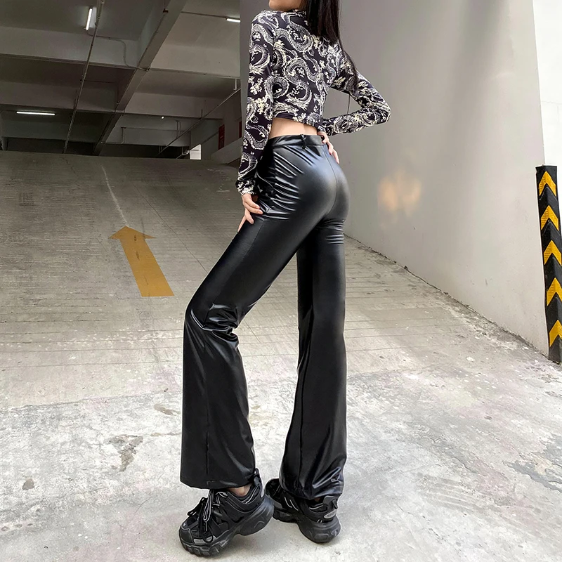 new designs PU faux leather ladies flare pants elastic materials high waist