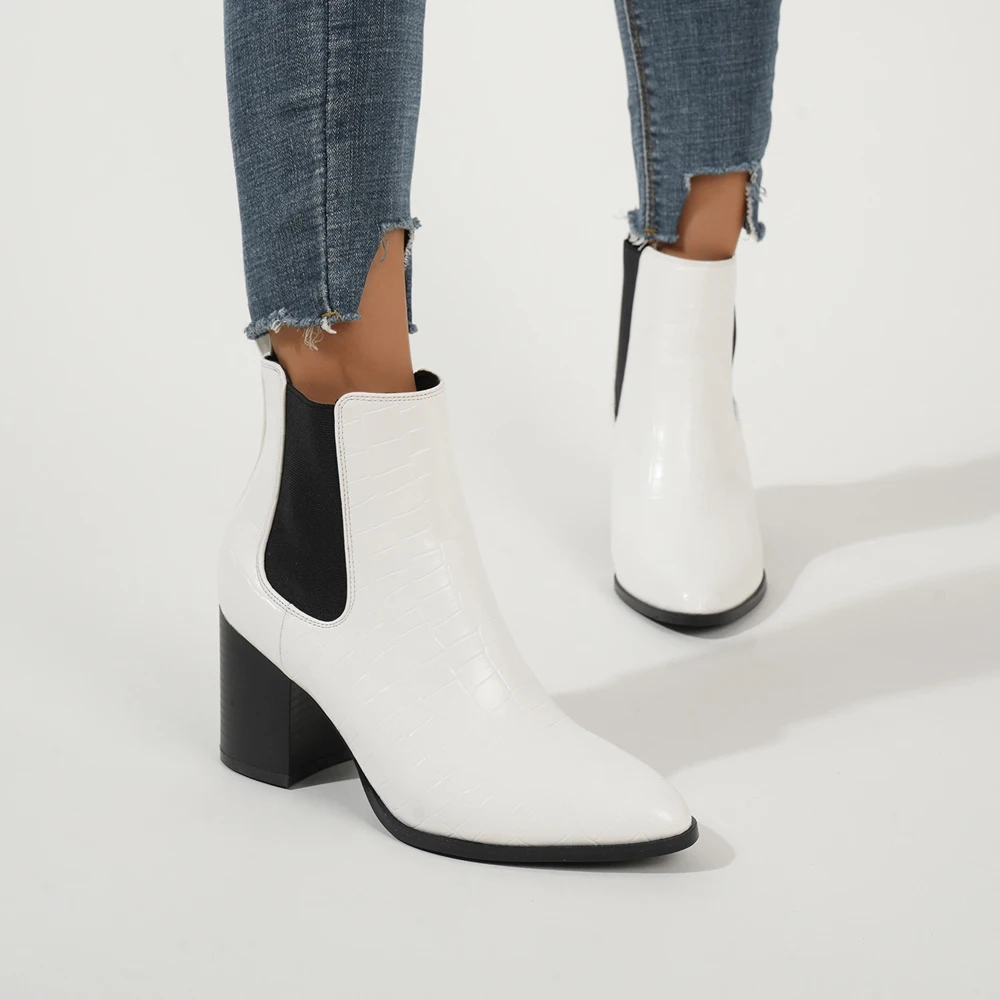 Spring white alligator PU leather thick heel ankle boots and naked boots a slip-on elastic Chelsea boots women