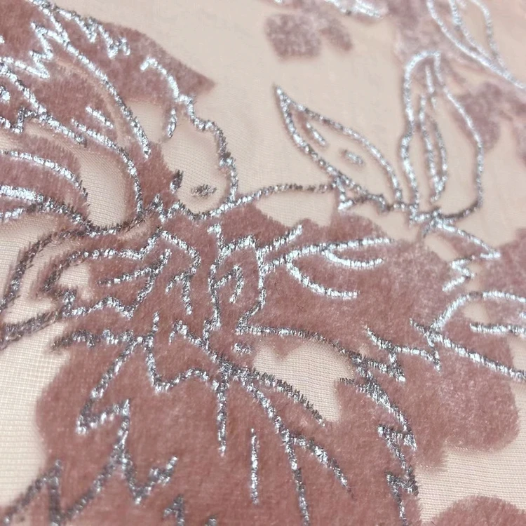 New fashion burnout nylon rayon knitted silver foil printed flower velvet mesh burn out fabric for dress