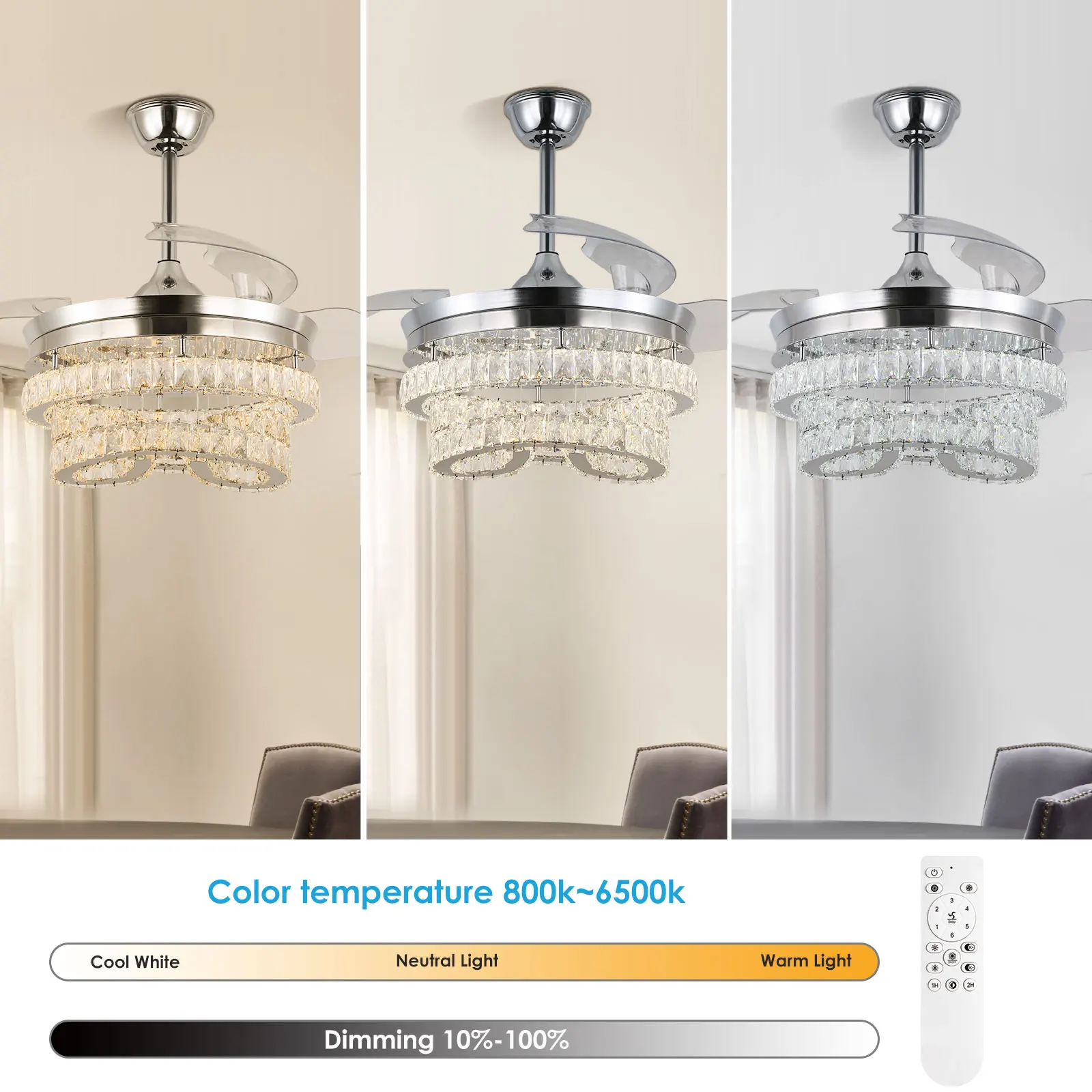 42-Inch Modern Smart LED Ceiling Fan with Transparent Blade Dimmable Light and Remote Control with Memory Function for Home Use