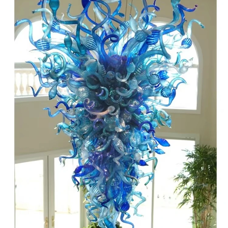 Luxury Large Hand Blown Glass Chandelier Blue Shade Long Home Lamp Hanging Lighting Fixtures for Stairs