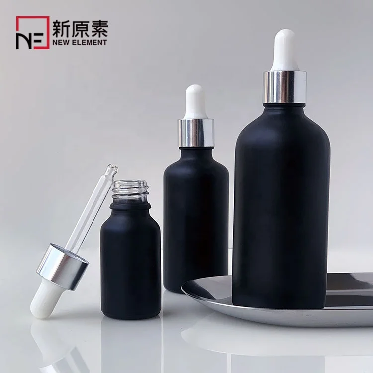 frosted black cosmetic 5ml 10ml 15ml 20ml 30ml 50ml 100ml oil glass dropper bottle for hair products with silver white dropper