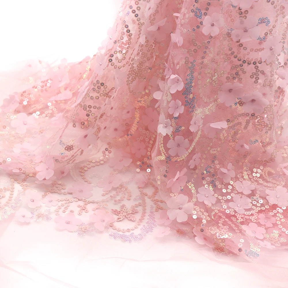 Hot Sale 90*135cm Diy Sequins Shabby Wedding 3D Flower Embroidered Mesh Lace Fabric for Dress Sewing Supplies Crafts