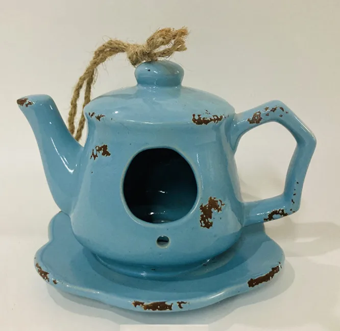 Rustic Teapot Garden  decorative ceramic stoneware hanging  bird house for outside wild birds bird feeder