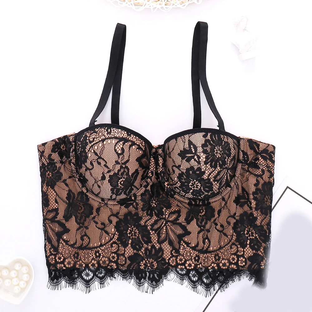 
Wholesale high quality floral lace tank top outer wear short vest fashion color contrast halter neck tube top 