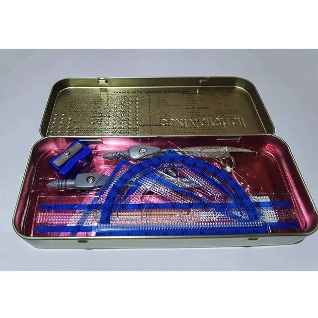 School Student 9pcs Math Set Stationery Geometry Set Iron Box instrument Mathematical Set