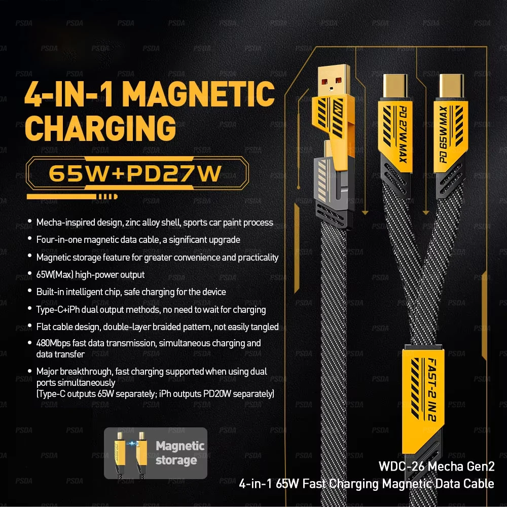 OEM LOGO Mech Style 4-in-1 Cable USB A Type-C Dual Connector Nylon Braided PD 65W 27W Fast Charging for iPhone 16 Android
