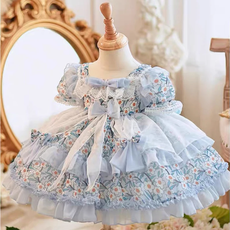 Yalindars Blue puff sleeve mesh waistband Layered Lolita Girls Dress Bow and flower print Jacquard fabric lace party dress