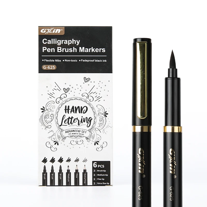 Gxin 6pcs/set brush tip markers lettering flexible nibs brush pen non-toxic 4size fadeproof black ink calligraphy pen set