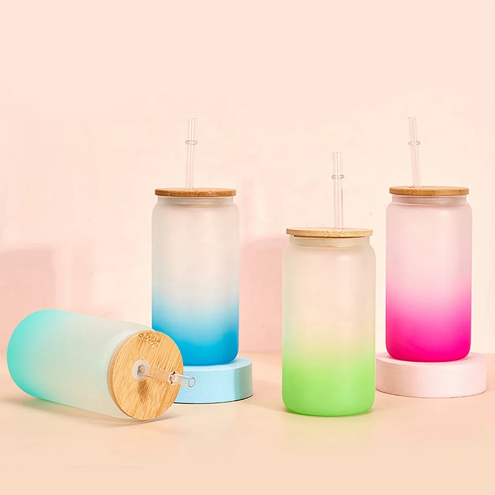 16oz Heat Resistant Borosilicate Glass Mug Gradient Color Drink Glasses Beer Cup Reusable Cup Glass Cup With Lid and Straw