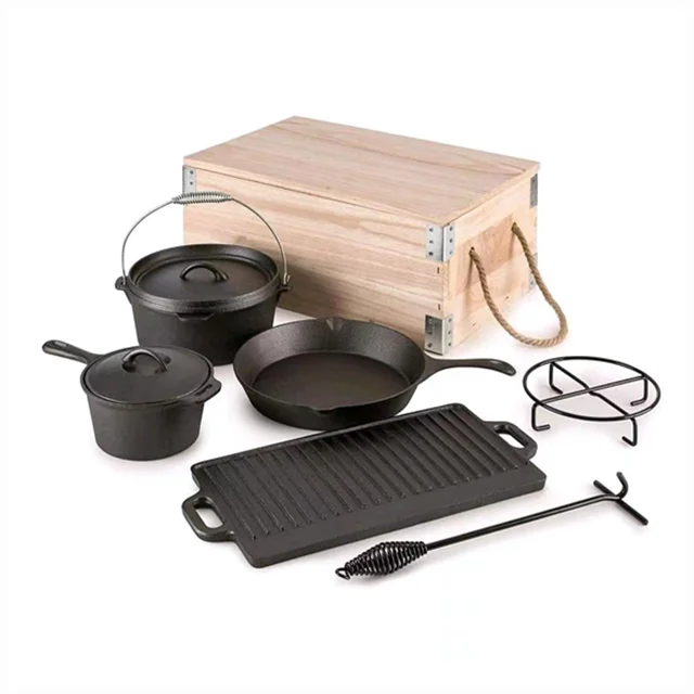 Pre-Seasoned BBQ Heavy Duty Outdoor Camping 7 Piece Cast Iron Cooking Pot Cookware Dutch Oven Set 7 pcs With Wooden Box