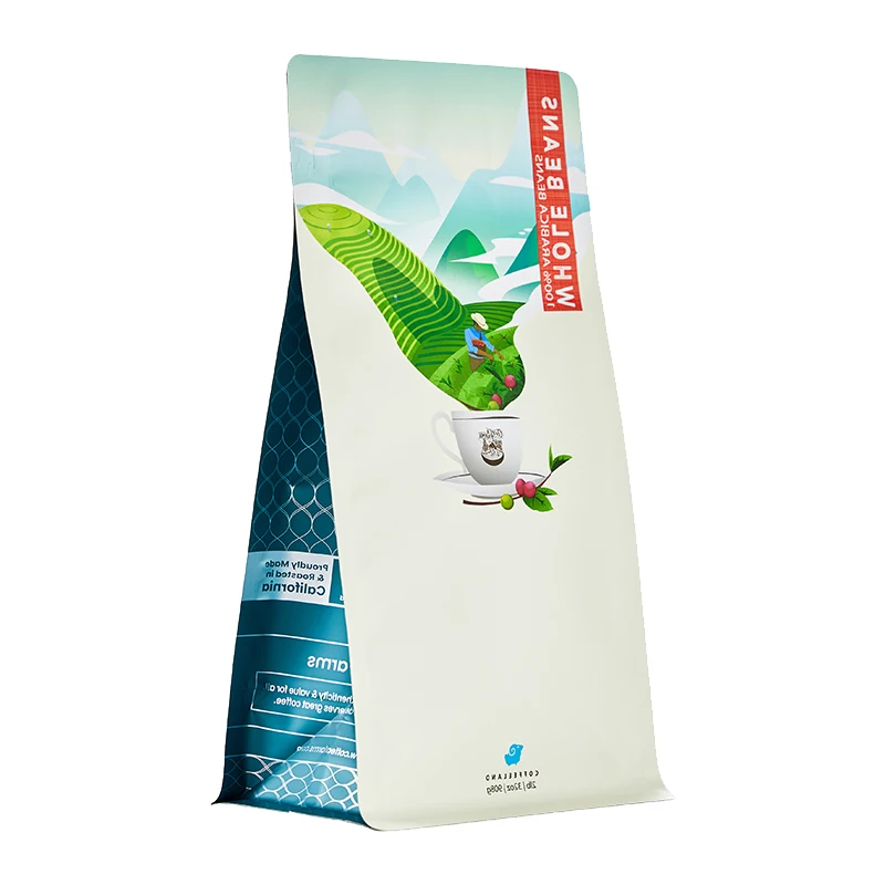 Renewable 8Oz 180Microns white  PET/VMPET/CPP Moisture Proof Large Coffee Beans Flat Bottom Bag With Degassing Valve And Ziplock