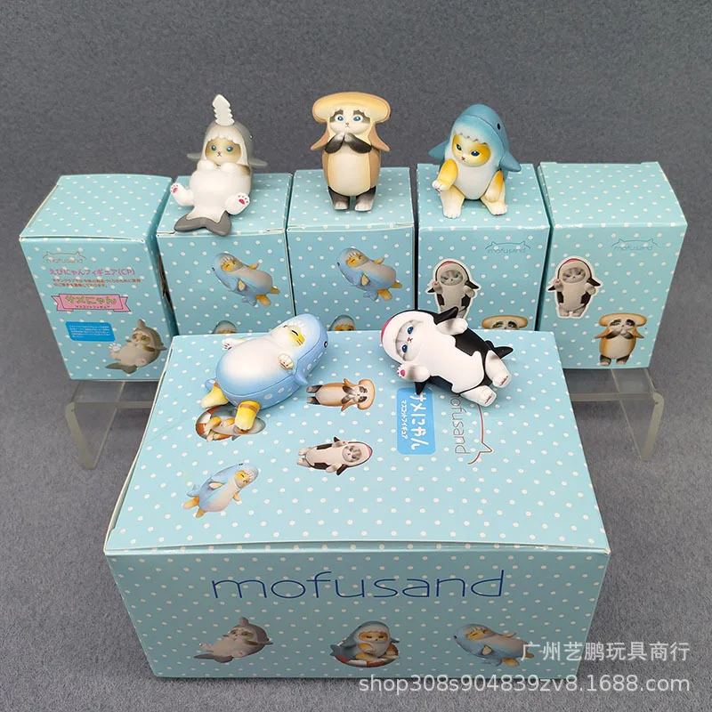 Blind Box Mofusands Action Figures Fried Shrimp Shark Cat PVC Blind Box Toys Cartoon Sanrios Cat on Slide Doll for Kids
