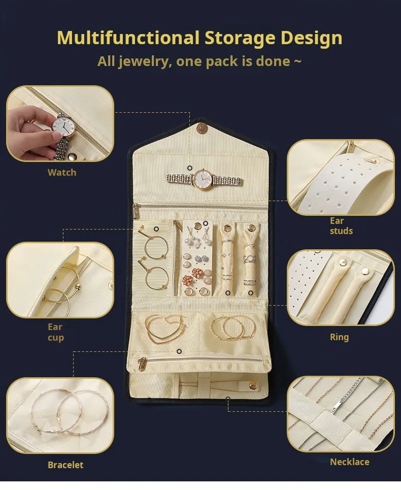 Fashion Travel Jewelry Case Organizer, Foldable Jewelry Storage Roll for Earrings, Necklaces, Rings, Bracelets, Brooches