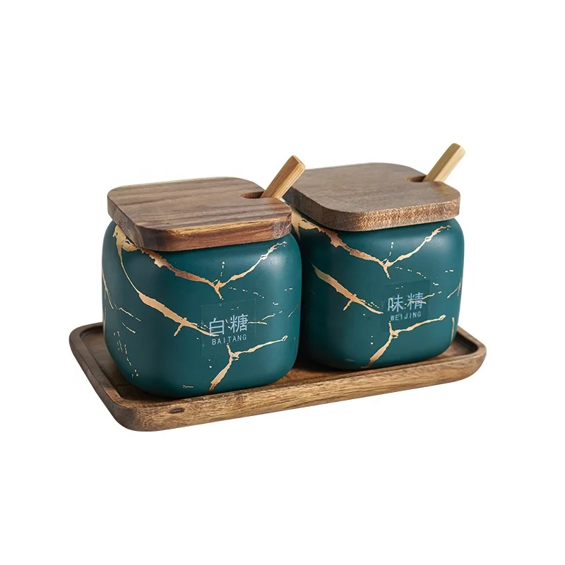 Kitchen Scrub Seasoning Jar Set Two-Pack Marble-Like Ceramic Household Combination  Salt And Sugar Seasoning Pot