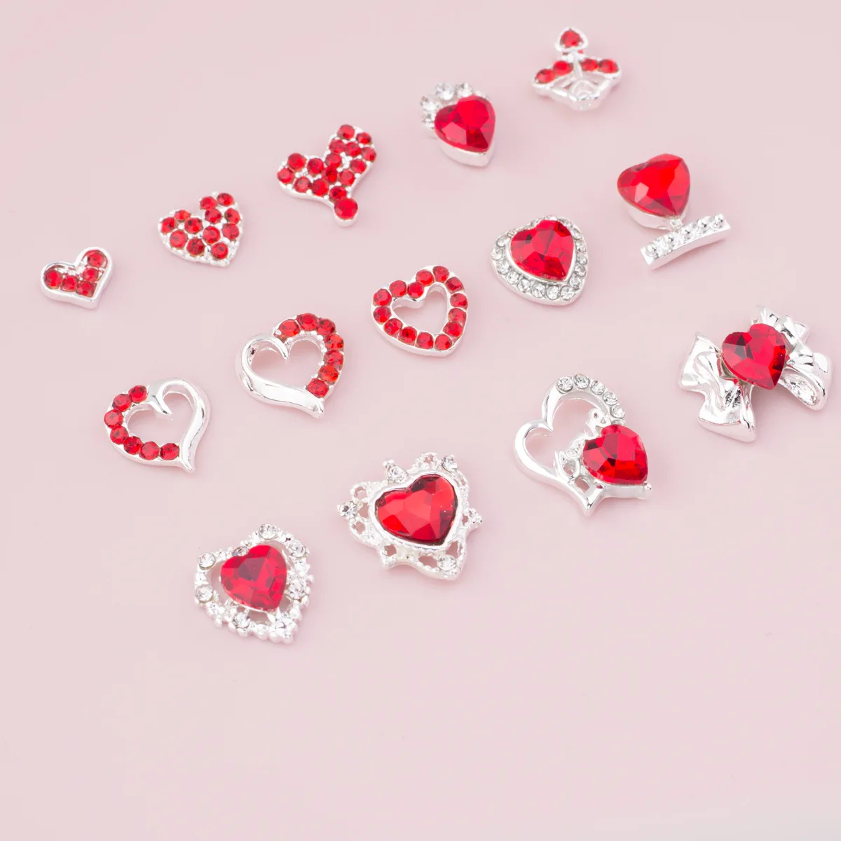 TSZS Best Sale 3D New Heart Love Shape Red DIY Diamond Rhinestone Valentines Nail Charms Silver Metal Red Heart Nail Charms