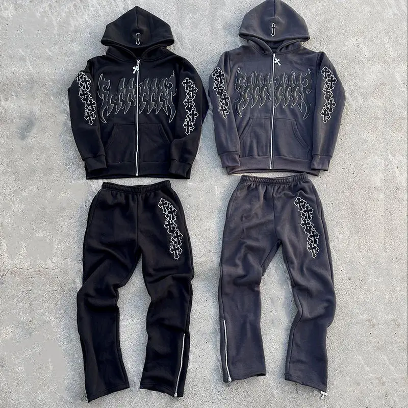 OEM Custom Logo Men Puff Print Full Zip Up Hoodie Rhinestone Men Sets Two Piece Set Blank Cotton Velvet Tracksuit