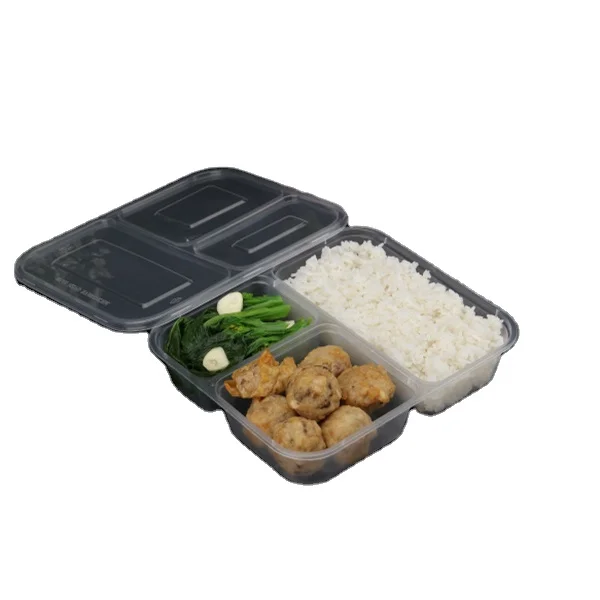 
Free eco-friendly microwave safe black 3 compartment takeaway plastic food container with clear lid 
