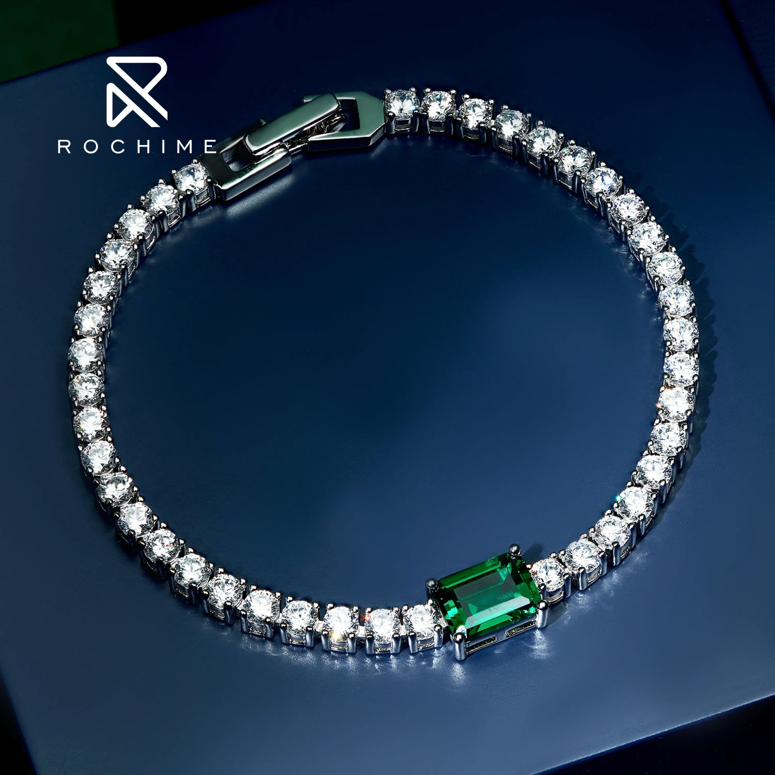 Rochime wholesale lab emerald ruby diamond tennis bracelet  s925 sterling silver rhodium plated women jewelry