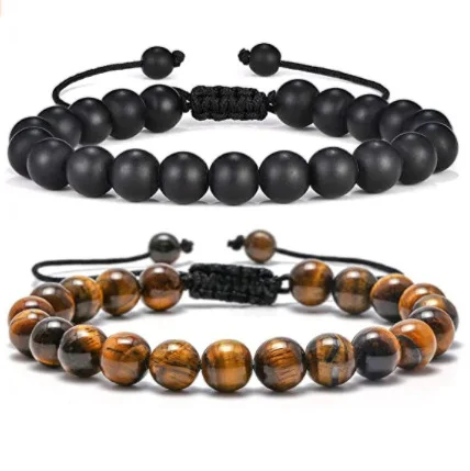 Natural Stone Charm Bracelets Fathers Day Gifts for Mens Bracelet 8mm Stone Tiger Eye Lava Rock Stress Relief Bracelet