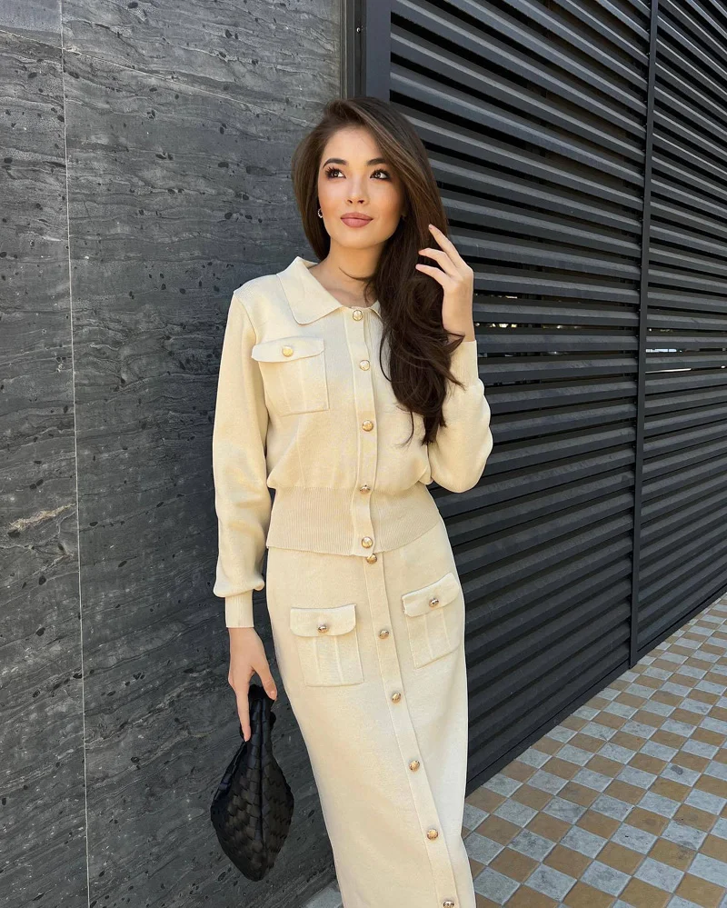 TS520 New 2025 New Solid Turn-down Collar Sweater Tops and Wide Skirt Set Women Two Pieces Sets Clothing
