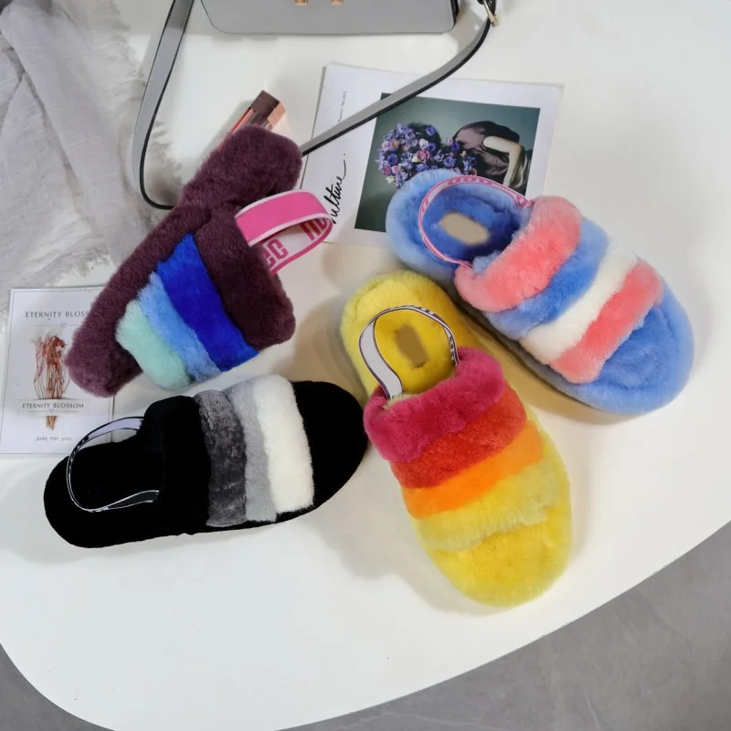 
Winter Sheepskin Fur Sandals Girls New Fashion Design Sheepskin Indoor Slides Autumn Wool Fur Shoes Platform Fur Slippers 