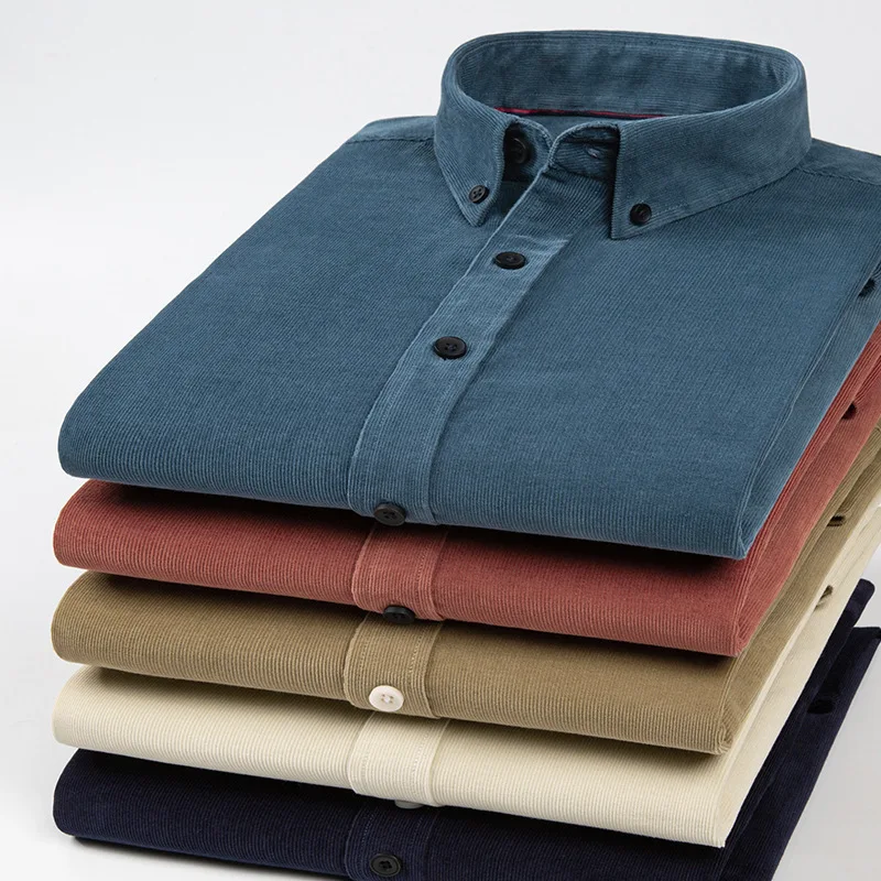 Высококачественная Вельветовая рубашка с длинным рукавом мужская однотонная формальная повседневная на пуговицах