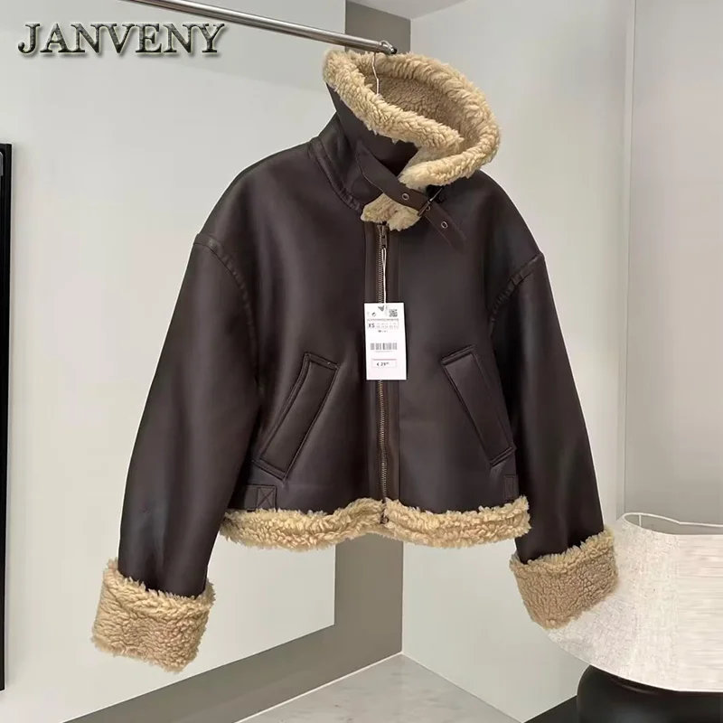 JANVENY 2024 New Winter Faux Lamb Fur Leather Jacket Women Long Sleeve Zipper Pockets Thick Warm Sheepskin Fleece Motor Coat