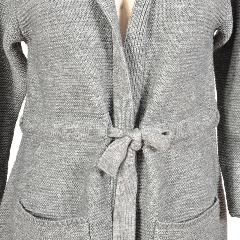 Custom Ladies Stylish Real Tibet Wool Collar Hooded Long Wool Blend Knitted Women Sweater Coat For Winter