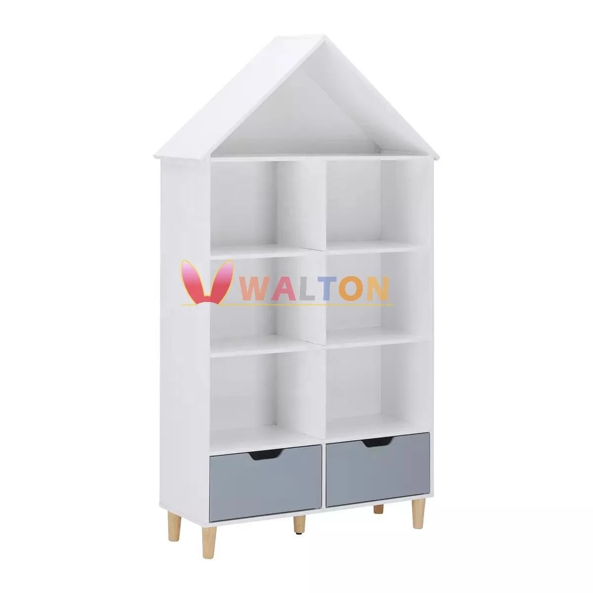 Kids Open Shelf Bookcase Floor Standing Bookcase Kids book organizer with 7 storage spaces and 2 drawers House Shaped Bookshelf