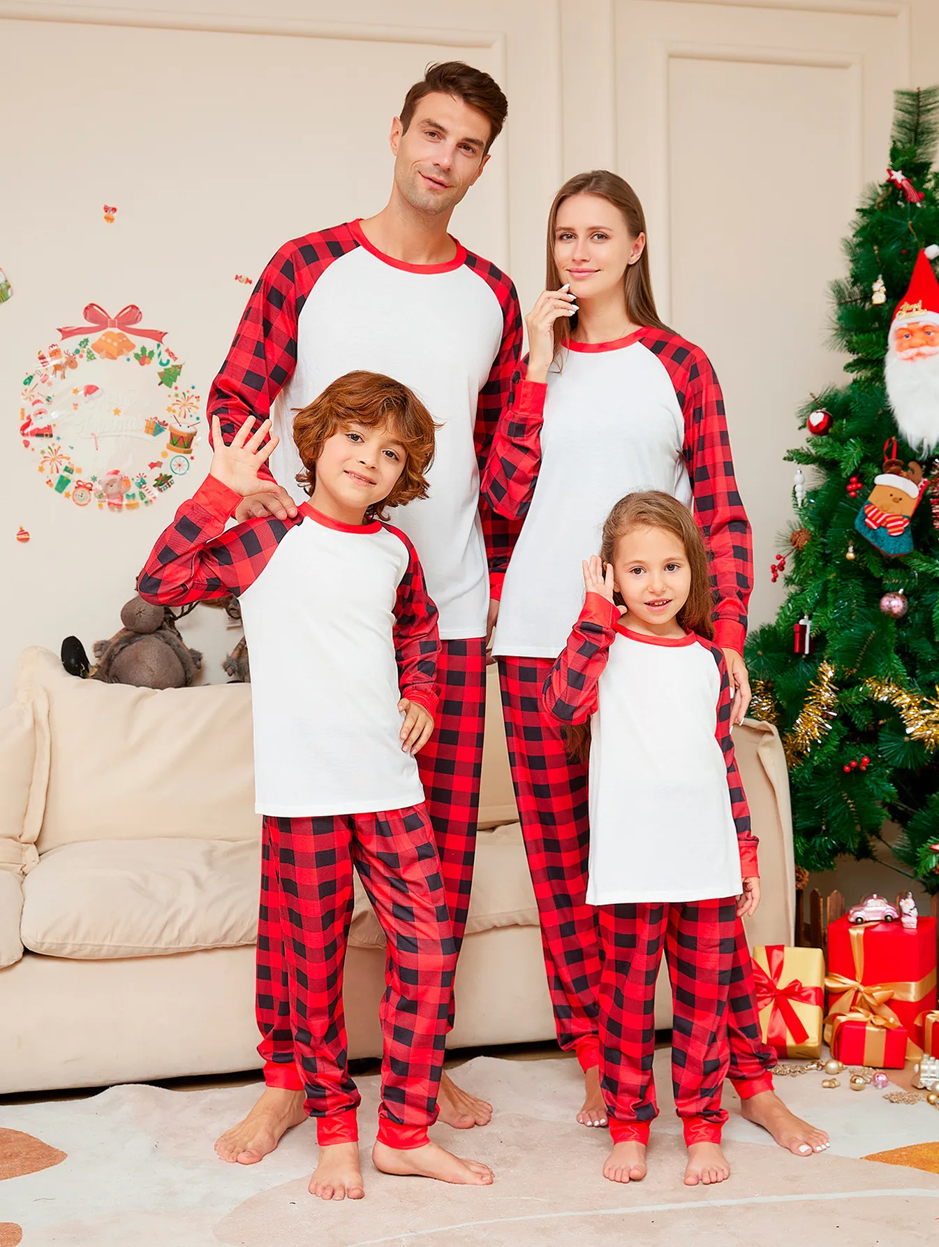 2024 XMAS pjs blank sublimation christmas pajamas 2pcs polyester long sleeve white gingham matching christmas pajamas family