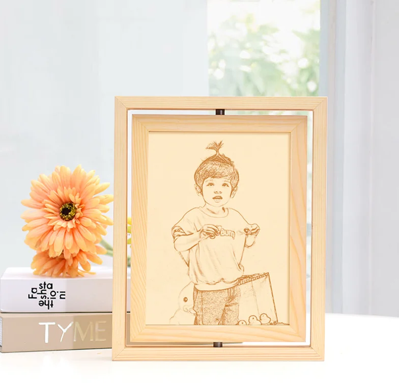 Wholesale  Blank Raw Material Solid Wood Rotating Photo Frame Laser Wood Pyrography  Picture Frame