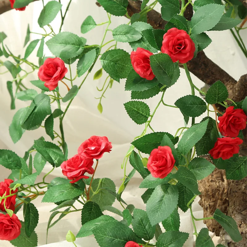 Wholesale cheap close nature plastic silk home outdoor garden wall decorative cherry blossom rose flowers vine artificial plants