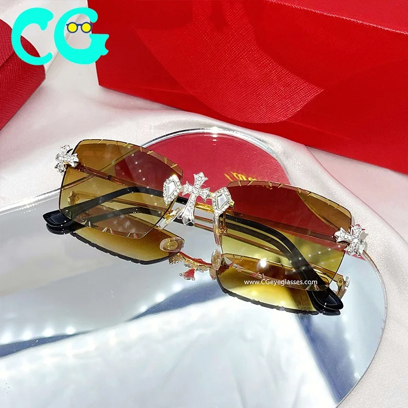 2023 Fashion Brand Design Vintage Rimless Rhinestone Sunglasses Women Men Retro Cutting Lens Gradient diamonds Sun Glasses UV400