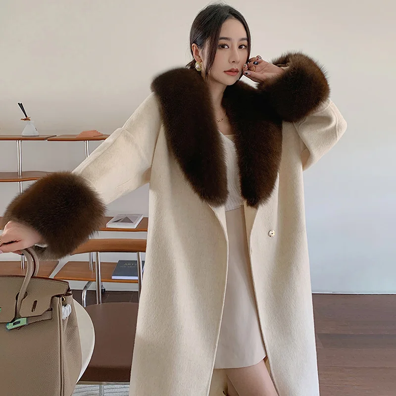 New Design Fox Fur Collar Cuffs Winter Coats Real Alpaca Wool Cashmere Long Coat for Women