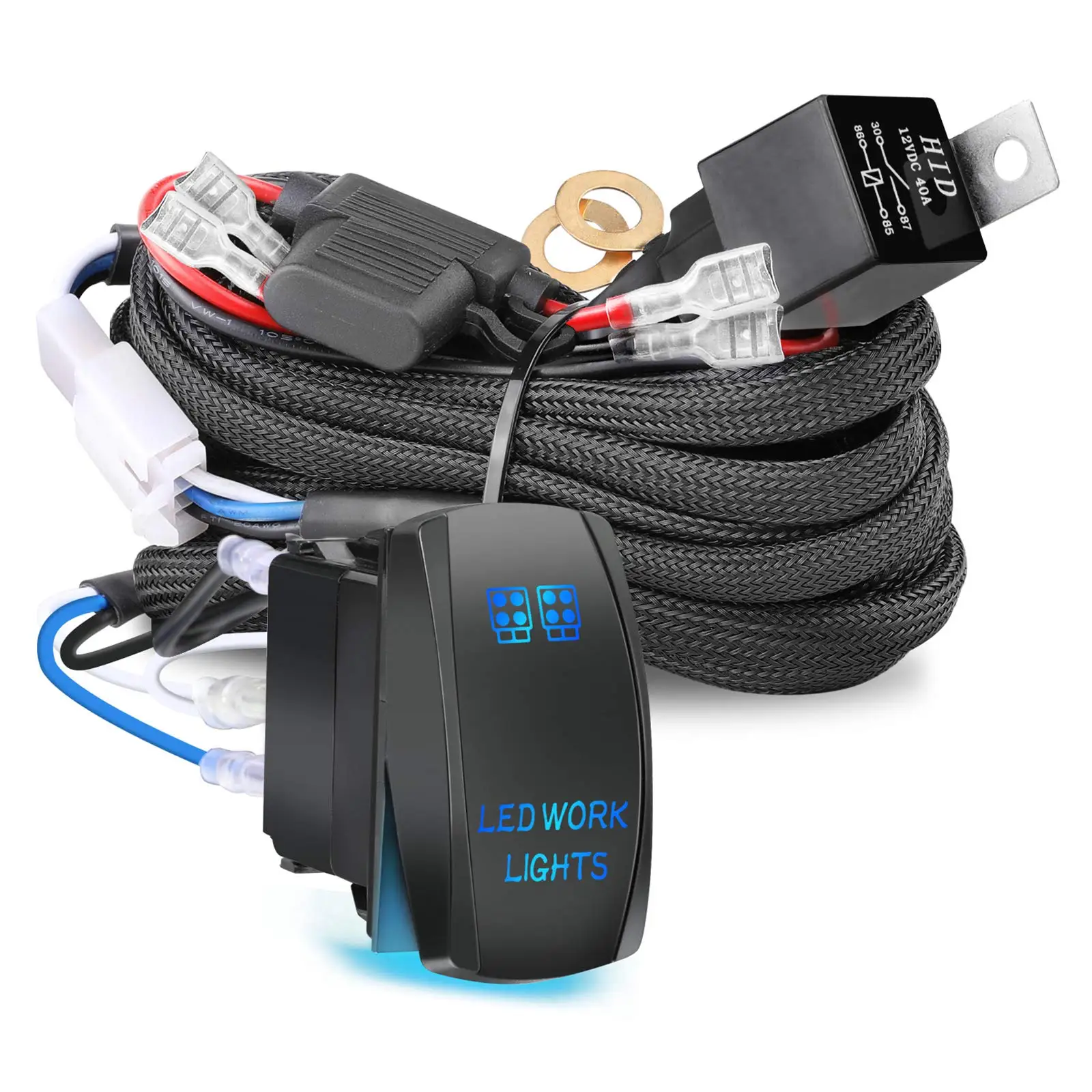 2 Leads 12 V 40 A Rock switch relay fuse nylon wiring harness kit for LED light bar fog light works lights for automobile